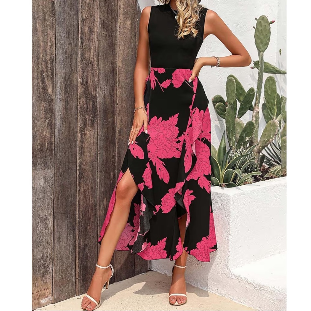 NWT Pink Rose Floral Sleeveless Neck stretch top size Large